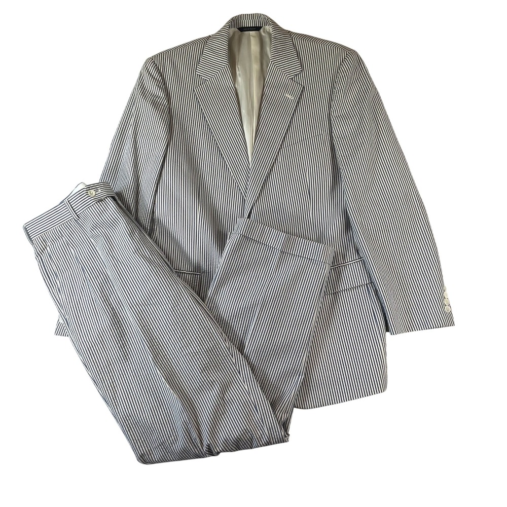 Brooks Brothers Seersucker Suit Men 42L 36x31 Blue White Striped 2-Piece Pleated